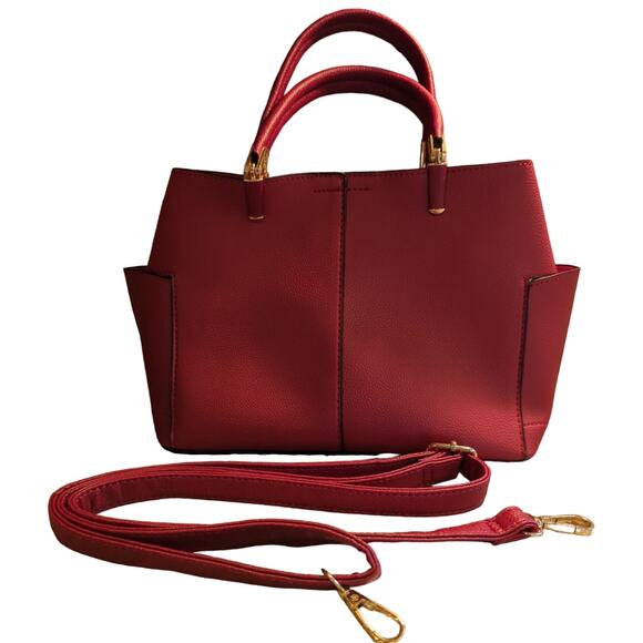 Red Vegan Leather Hand or Shoulder Bag Removable Strap Gold Accents 12 x 8 x 5 - Picture 1 of 10